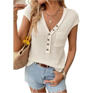 imageMakeMeChic Womens Waffle Knit Tops Summer Cap Sleeve V Neck Button Pocket Casual Tee ShirtApricot