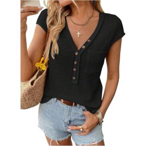imageMakeMeChic Womens Waffle Knit Tops Summer Cap Sleeve V Neck Button Pocket Casual Tee ShirtBlack