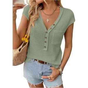 imageMakeMeChic Womens Waffle Knit Tops Summer Cap Sleeve V Neck Button Pocket Casual Tee ShirtGreen