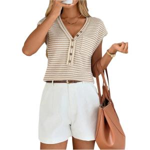 imageMakeMeChic Womens Waffle Knit Tops Summer Cap Sleeve V Neck Button Pocket Casual Tee ShirtMulticolor