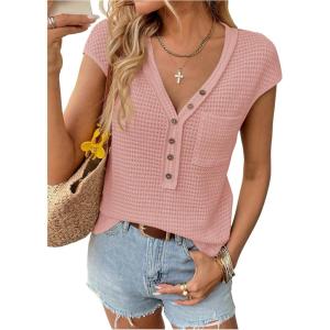 imageMakeMeChic Womens Waffle Knit Tops Summer Cap Sleeve V Neck Button Pocket Casual Tee ShirtPink