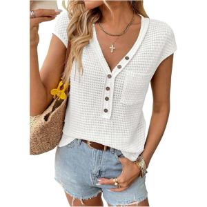 imageMakeMeChic Womens Waffle Knit Tops Summer Cap Sleeve V Neck Button Pocket Casual Tee ShirtWhite