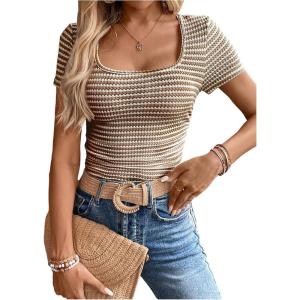 imageMakeMeChic Womens Work Stripe Knit Crop Top Square Neck Tops Short Sleeve TShirtCoffee Brown