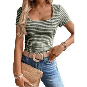 imageMakeMeChic Womens Work Stripe Knit Crop Top Square Neck Tops Short Sleeve TShirtGreen
