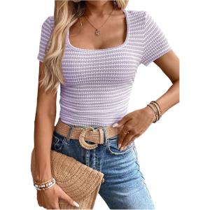 imageMakeMeChic Womens Work Stripe Knit Crop Top Square Neck Tops Short Sleeve TShirtMauve Purple