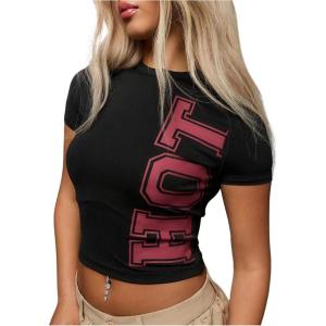 imageMakeMeChic Womens Y2K Cute Letter Print TShirt Crew Neck Slim Fit Short Sleeve Summer Crop TopsBlack