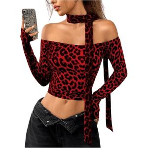 imageMakeMeChic Womens Y2K Off The Shoulder Tops Leopard Print Long Sleeve Tee Shirt Crop TopsRed