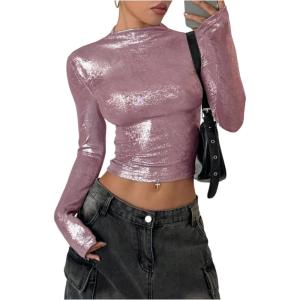 imageMakeMeChic Womens Y2K Tops Country Concert Metallic Tee Shirts Long Sleeve Party Going Out Crop TopsPink