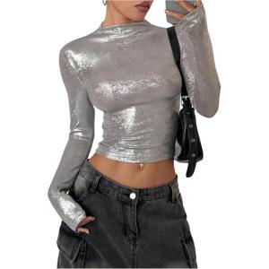 imageMakeMeChic Womens Y2K Tops Country Concert Metallic Tee Shirts Long Sleeve Party Going Out Crop TopsSilver