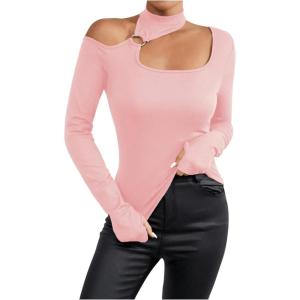 imageMakeMeChic Womens Y2K Tops Cut Out Asymmetrical Neck Tee Shirts Long Sleeve Ring Linked Shirt TopsPink
