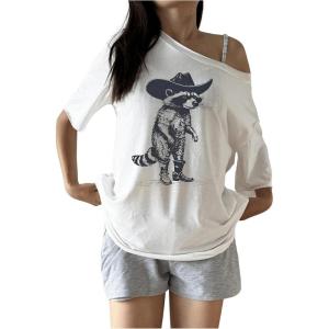 imageMakeMeChic Womens Y2k Graphic Tee Off The Shoulder Short Sleeve Oversized T Shirt Top