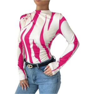 imageMakeMeChic Womens Zebra Striped Print Mock Neck Long Sleeve Slim Fit Tee Shirt TopsPink and Beige