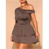 imageMakeMeChic Womens Plus Size Fall Dress Asymmetrical Neck Mini Dress Ruffle Tiered Cocktail DressesBrown