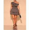 imageMakeMeChic Womens Plus Size Fall Dress Asymmetrical Neck Mini Dress Ruffle Tiered Cocktail DressesBrown