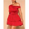 imageMakeMeChic Womens Plus Size Fall Dress Asymmetrical Neck Mini Dress Ruffle Tiered Cocktail DressesRed