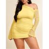 imageMakeMeChic Womens Plus Size Fall Mini Dresses 2025 Mesh Ruched Bodycon One Shoulder DressesYellow