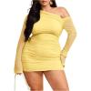 imageMakeMeChic Womens Plus Size Fall Mini Dresses 2025 Mesh Ruched Bodycon One Shoulder DressesYellow