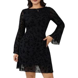 imageMakeMeChic Womens Plus Size Cocktail Dress Fall Leopard Print Dress Party Bell Sleeve Y2K Backless Going Out Mini DressesBlack a