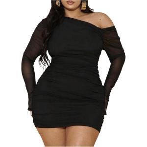 imageMakeMeChic Womens Plus Size Fall Mini Dresses 2025 Mesh Ruched Bodycon One Shoulder DressesBlack