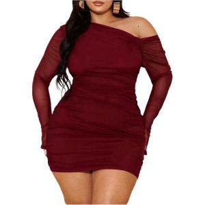 imageMakeMeChic Womens Plus Size Fall Mini Dresses 2025 Mesh Ruched Bodycon One Shoulder DressesBurgundy