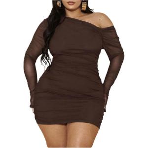 imageMakeMeChic Womens Plus Size Fall Mini Dresses 2025 Mesh Ruched Bodycon One Shoulder DressesCoffee Brown