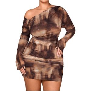 imageMakeMeChic Womens Plus Size Fall Mini Dresses 2025 Mesh Ruched Bodycon One Shoulder DressesMulticolor