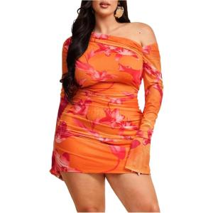 imageMakeMeChic Womens Plus Size Fall Mini Dresses 2025 Mesh Ruched Bodycon One Shoulder DressesOrange