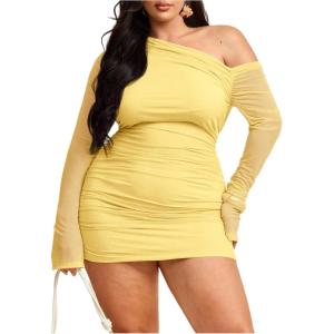 imageMakeMeChic Womens Plus Size Fall Mini Dresses 2025 Mesh Ruched Bodycon One Shoulder DressesYellow