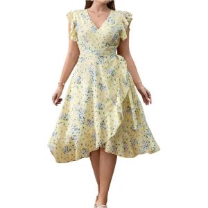 imageMakeMeChic Womens Summer Plus Size Floral V Neck Dress Ruffle Sleeve Wrap Tie Flowy Midi DressesMulticolor