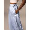 imageMakeMeChic Womens Satin Silk Wide Leg Pants Elastic High Waist Knot Side TrousersBlue