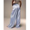 imageMakeMeChic Womens Satin Silk Wide Leg Pants Elastic High Waist Knot Side TrousersBlue
