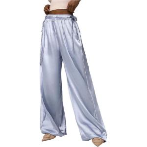 imageMakeMeChic Womens Satin Silk Wide Leg Pants Elastic High Waist Knot Side TrousersBlue