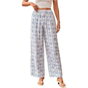 imageMakeMeChic Womens Starfish Seashell Print Pants Straight Leg Summer Boho TrousersBlue