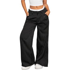 imageMakeMeChic Womens Striped Pants Wide Leg Straight Suit Trousers with PocketBlack and White