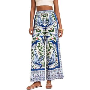 imageMakeMeChic Womens Tropical Boho Print Wide Leg Palazzo Pants High Waist Drawstring Baggy TrousersMulticolor