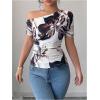 imageMakeMeChic Womens Floral Print Ruched Short Sleeve One Shoulder Casual TShirtMulticolor