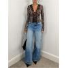 imageMakeMeChic Womens Graphic Print Floral Lace Scallop Trim V Neck Long Sleeve Tee Shirt Tops
