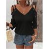 imageMakeMeChic Womens Guipure Lace V Neck Tee Shirts Cut Out Cold Shoulder 34 Sleeve TopsBlack