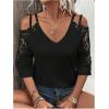 imageMakeMeChic Womens Guipure Lace V Neck Tee Shirts Cut Out Cold Shoulder 34 Sleeve TopsBlack