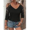 imageMakeMeChic Womens Guipure Lace V Neck Tee Shirts Cut Out Cold Shoulder 34 Sleeve TopsBlack