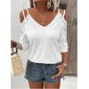 imageMakeMeChic Womens Guipure Lace V Neck Tee Shirts Cut Out Cold Shoulder 34 Sleeve TopsWhite