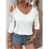 imageMakeMeChic Womens Guipure Lace V Neck Tee Shirts Cut Out Cold Shoulder 34 Sleeve TopsWhite