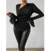imageMakeMeChic Womens Long Sleeve Shirts Casual Asymmetrical Tops Fuzzy Cuff Tee Shirt Black Medium