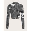 imageMakeMeChic Womens Newspaper Print Mock Neck Tee Shirt Long Sleeve Slim Fit Crop Tops Black Large