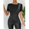 imageMakeMeChic Womens Rhinestone Sparkly Tops Asymmetrical Neck Short Sleeve Fitted Tee Shirt Top