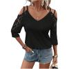 imageMakeMeChic Womens Guipure Lace V Neck Tee Shirts Cut Out Cold Shoulder 34 Sleeve TopsBlack
