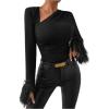 imageMakeMeChic Womens Long Sleeve Shirts Casual Asymmetrical Tops Fuzzy Cuff Tee Shirt Black Medium