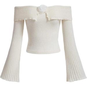 imageMakeMeChic Womens 3D Flower Off The Shoulder Tops Bell Sleeve Fitted Knit Tee Shirts Going Out TopsApricot