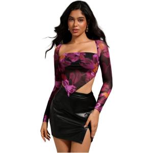 imageMakeMeChic Womens Floral Print Crop Top Long Sleeve Square Neck Mesh Asymmetrical Hem Tee Shirt