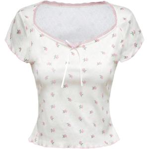 imageMakeMeChic Womens Floral Textured Scoop Neck Short Sleeve Tee Shirt Summer Y2K Crop TopsWhite